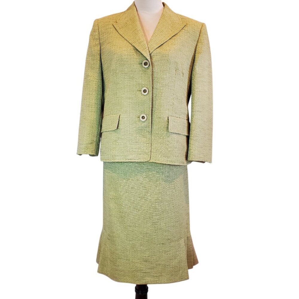 EVAN PICONE SZ 14P Women's 2 Pc Classic Light Green Tweed Blazer & Skirt Suit